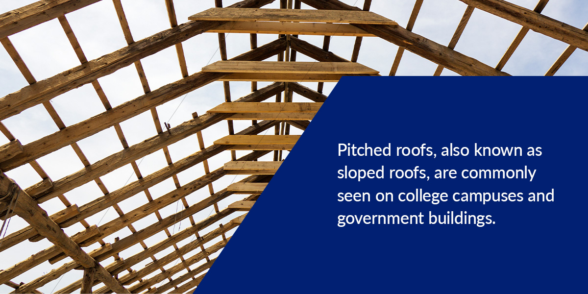 Pitched roofs, also known as sloped roofs, are commonly seen on college campuses and government buildings.