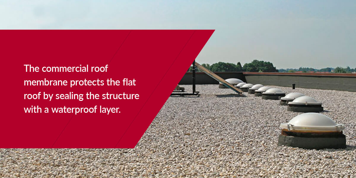 Commercial roof membrane protecting a flat roof by sealing the structure with a waterproof layer